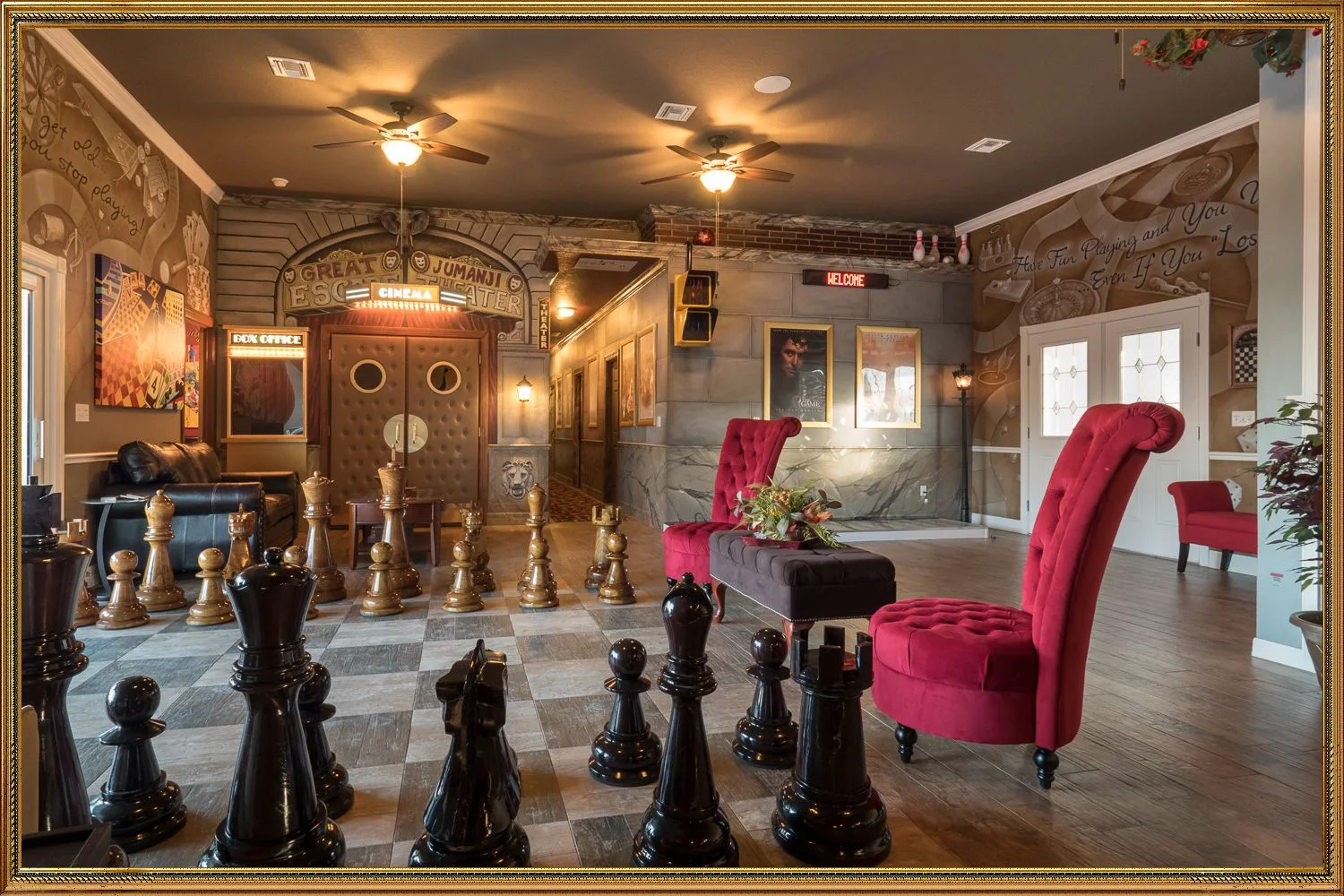A formal living room with giant teak chess at The Great Escape Lakeside near Orlando, FL and Walt Disney World
