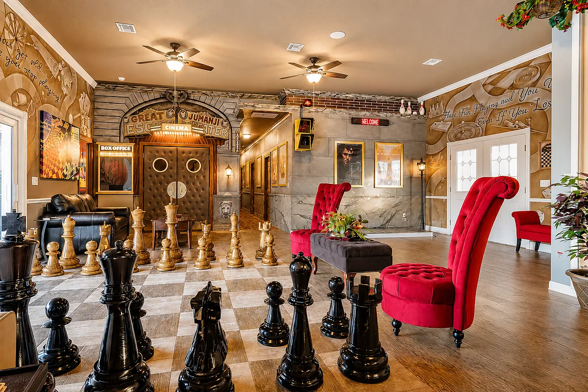 A formal living room with giant teak chess at The Great Escape Lakeside near Orlando, FL and Walt Disney World
